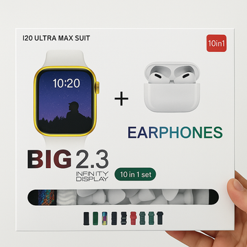 i20 Ultra Max Smartwatch + Wireless Earphones (10-in-1 Combo Set)