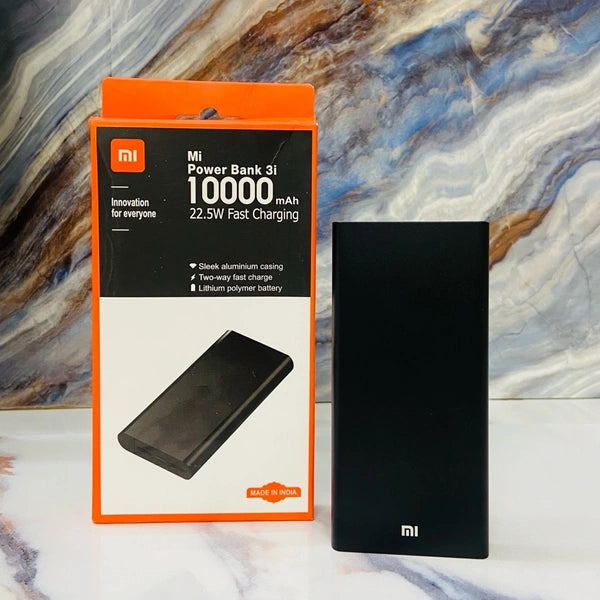 Mi Power Bank 3i with 10000mAh capacity and 22.5W fast charging, featuring sleek aluminium casing and dual USB output.