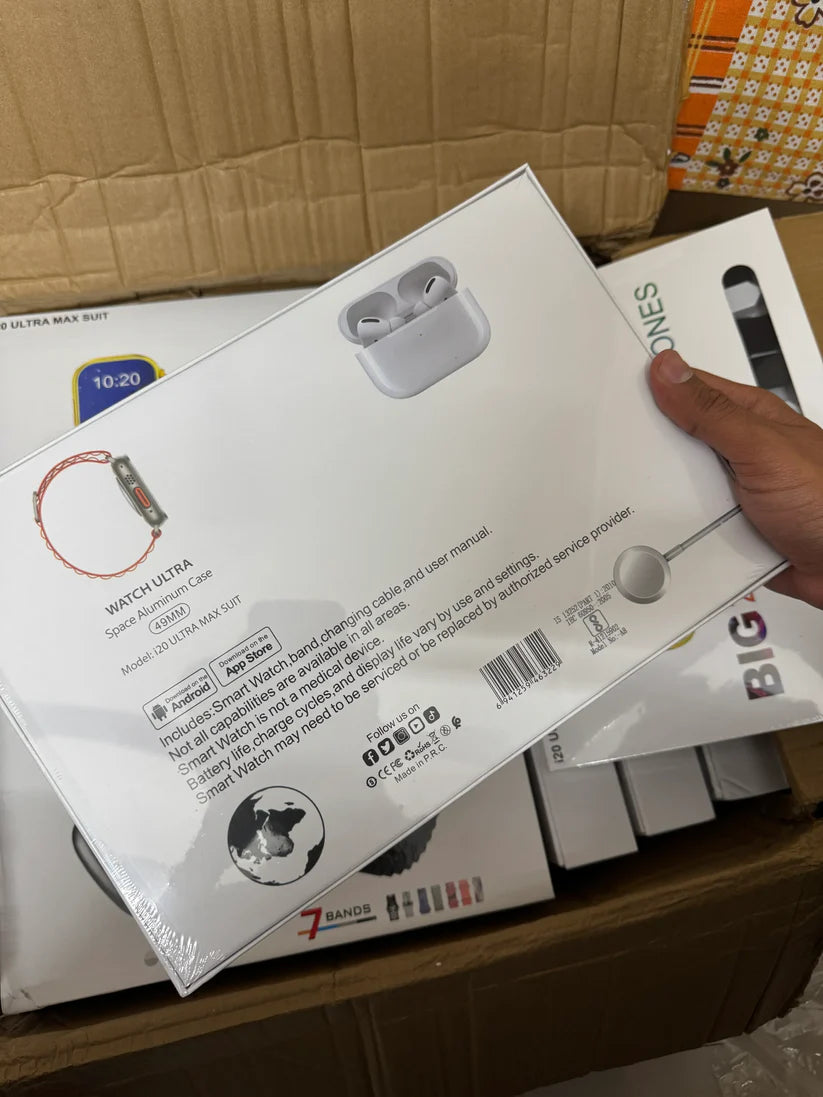 i20 Ultra Max Smartwatch + Wireless Earphones (10-in-1 Combo Set)