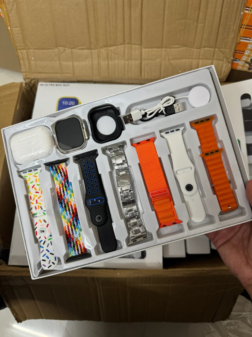 i20 Ultra Max Smartwatch + Wireless Earphones (10-in-1 Combo Set)