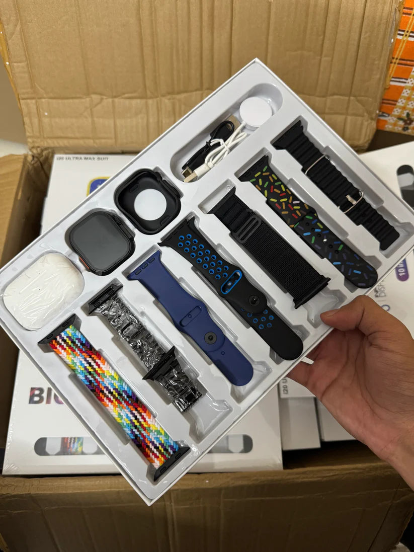 i20 Ultra Max Smartwatch + Wireless Earphones (10-in-1 Combo Set)